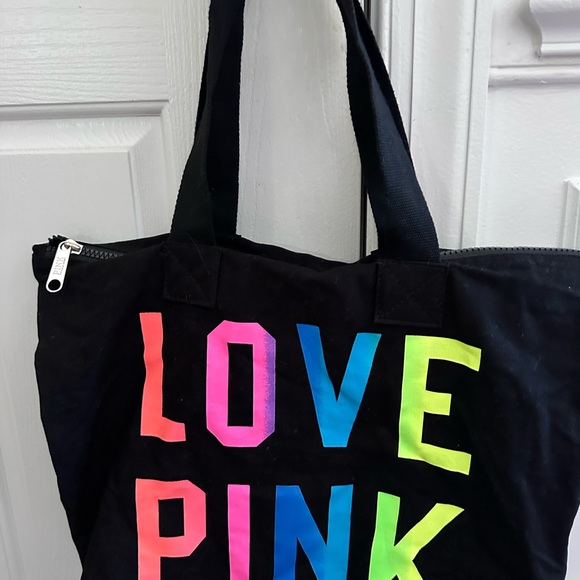 Victoria’s Secret PINK Black LOVE PINK Zippered Tote Beach Bag - Picture 5 of 7